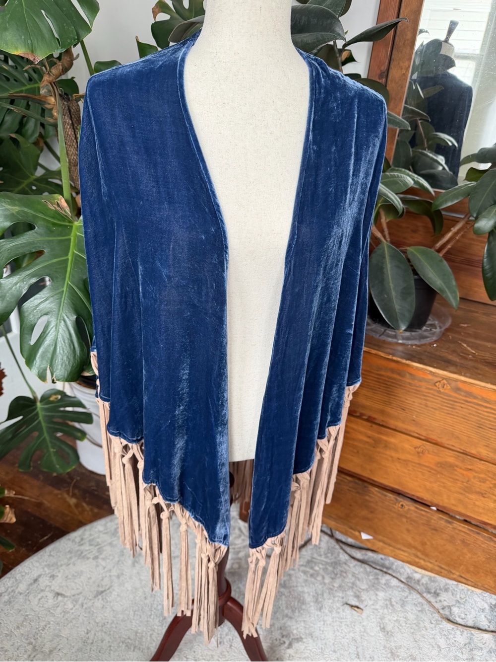 Tasha Polizzi Dark Blue Velvet Fringe Shawl Cape Silk Blend One Size